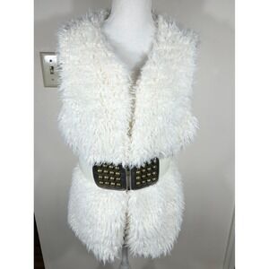 Y2K 00s Wet Seal Faux Fur Vest Women 1X Cream Shaggy Belted Studded Glam Indie